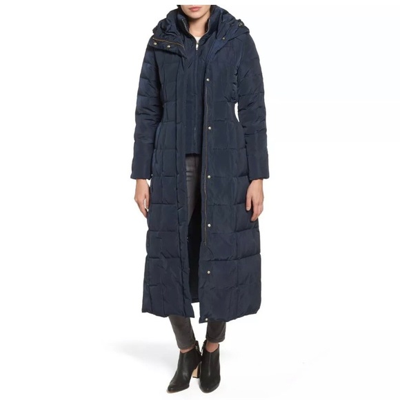 SOLD NWT Size S Cole Haan Long Quilted Blue Coat - Picture 3 of 8